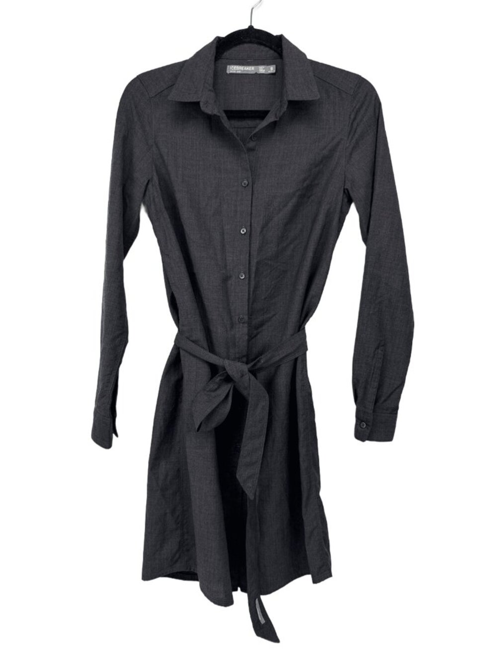 ICEBREAKER 100% Merino Wool "Destiny" Belted Pocket Shirt Dress Charcoal Gray S - Picture 3 of 6
